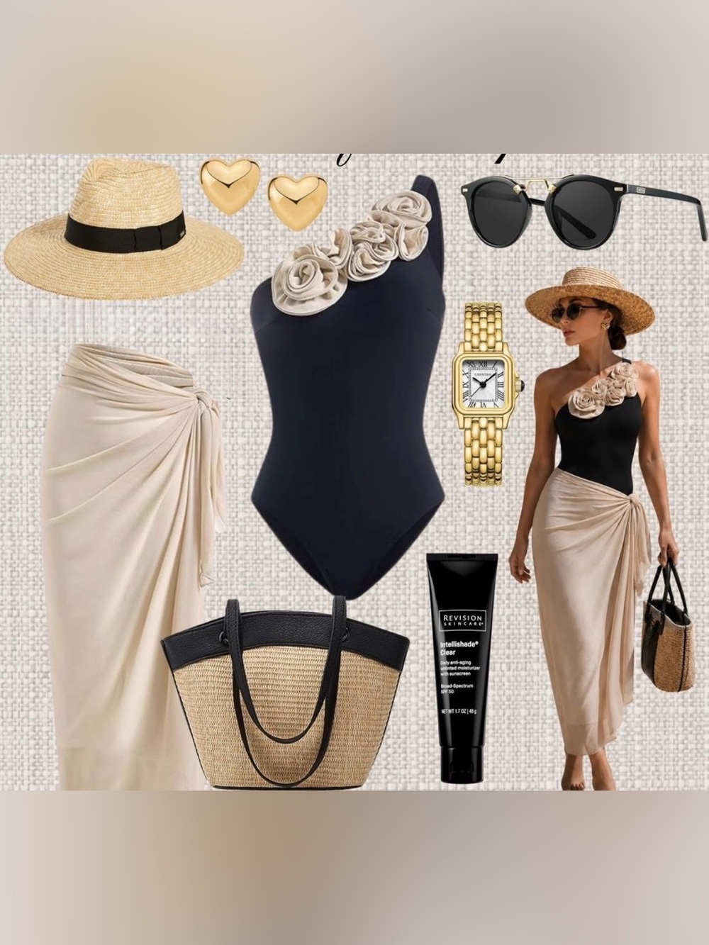 Black One-Shoulder Swimsuit with Cream Rosette Detail